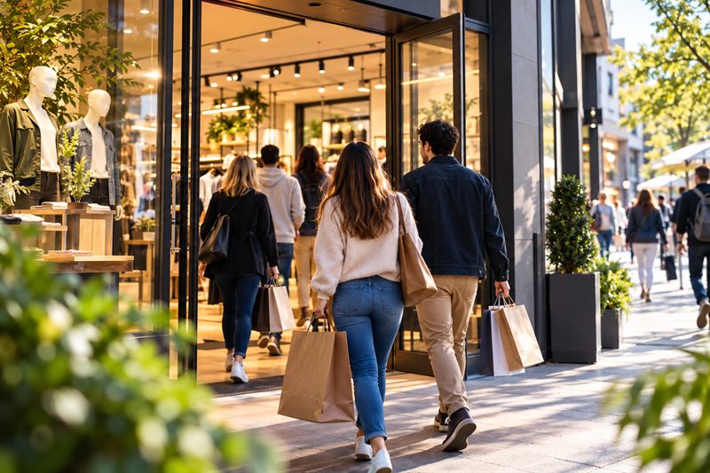 A couple carrying shopping bags walk into a shop on a sunny shopping street, with more customers behind them