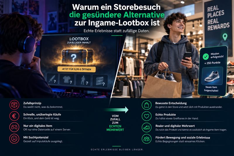 Vergleichsgrafik: zufällige Ingame-Lootbox am PC gegenüber einem bewussten Storebesuch mit echter Belohnung