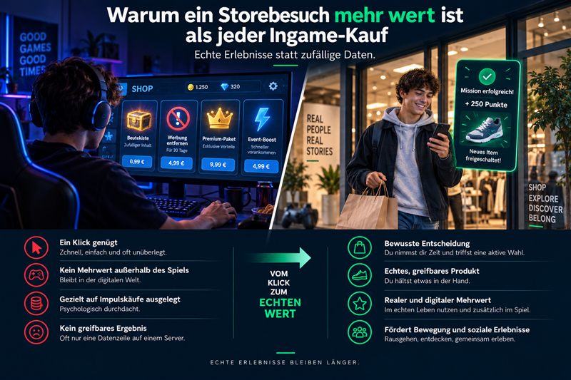 Vergleichsgrafik: verschiedene Ingame-Käufe am PC gegenüber einem bewussten Storebesuch mit echter Belohnung