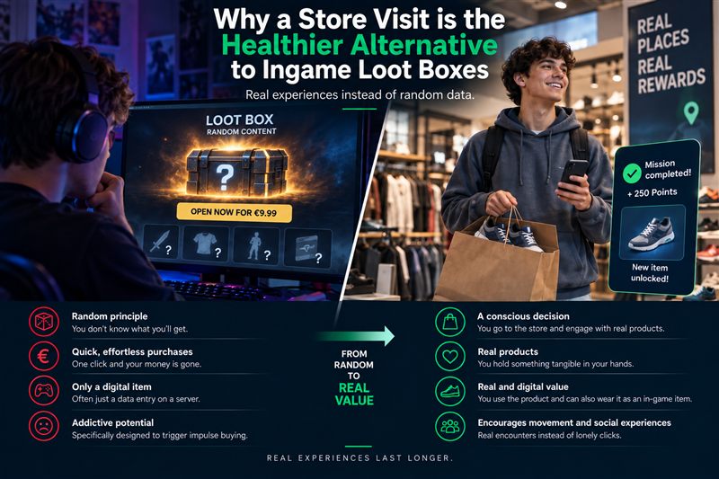 Comparison graphic: a random in-game loot box on PC versus a conscious store visit with a real reward