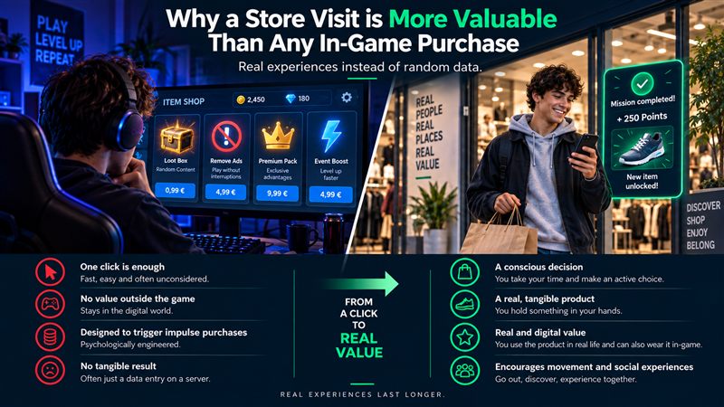 Comparison graphic: several different in-game purchases on PC versus a conscious store visit with a real reward